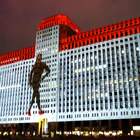 Footworks dance moves projected onto the building facade of THE MART, directed by Wills Glasspeigell and Brandon Calhoun.